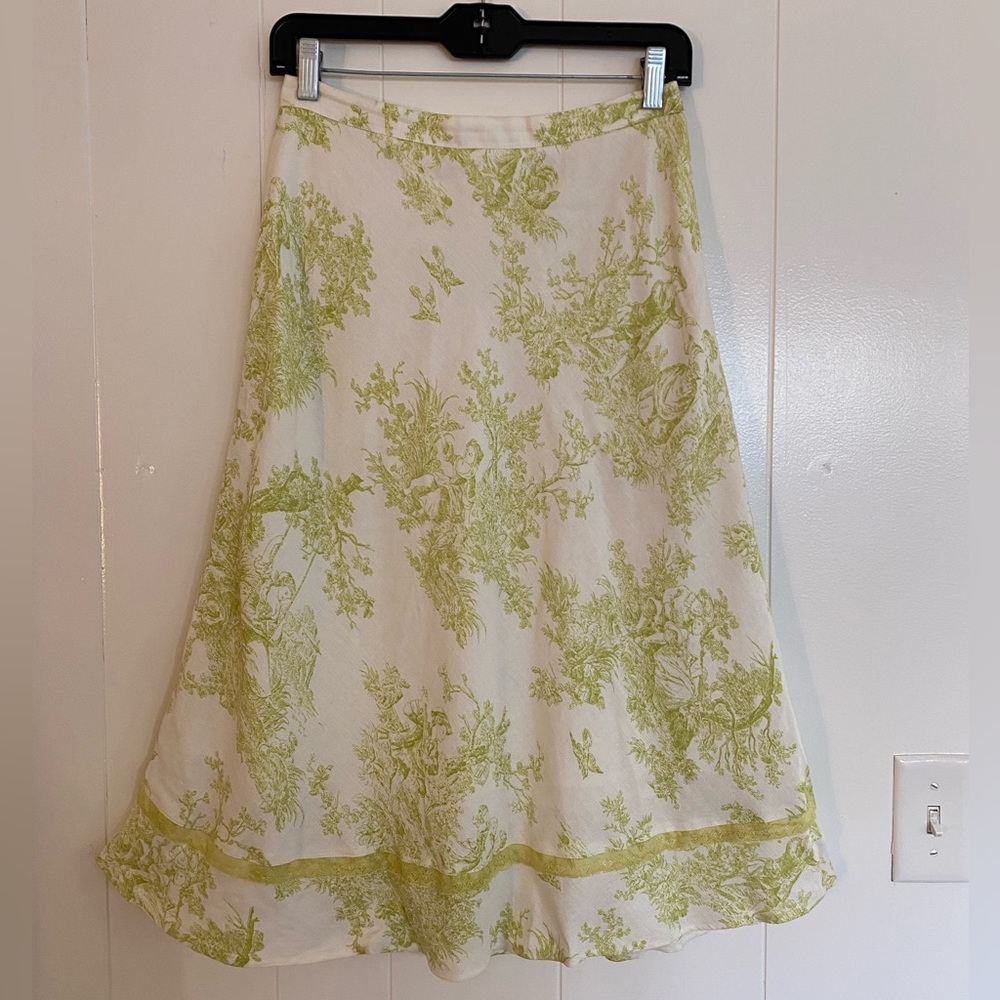Vintage White and Green Toille Print Midi Skirt